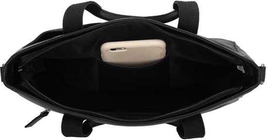 Open zwarte leren tas met telefoon in een vakje.