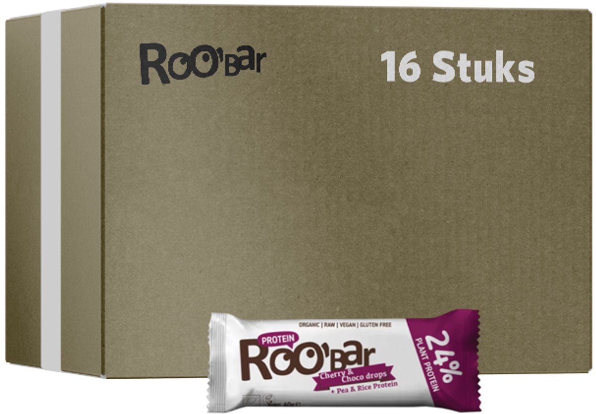 Roo'Bar | Protein | Cherry & Choco Drops Bar | 16 stuks | 16 x 40 gram
