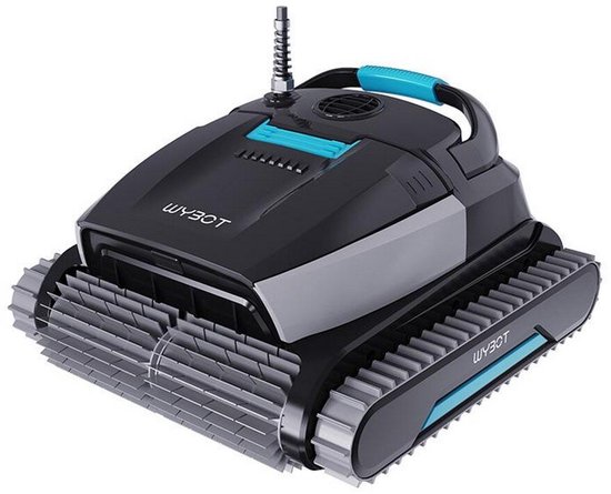 Zwarte robotstofzuiger met grijze rupsbanden, blauwe handgreep en 'WYBOT' logo op de zijkant.