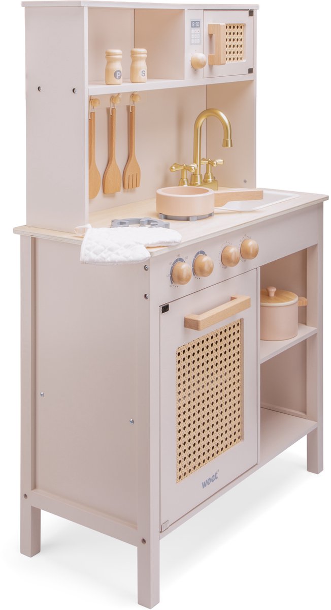 Woet® Houten Speelgoed Kinderkeuken - Speelkeukentje met Rotan Details en Gouden Kraan - Speelkeuken Roze met Diverse Accessoires - Werkbladhoogte 55 cm - Rollenspel - Vanaf 3 Jaar — afbeelding 2