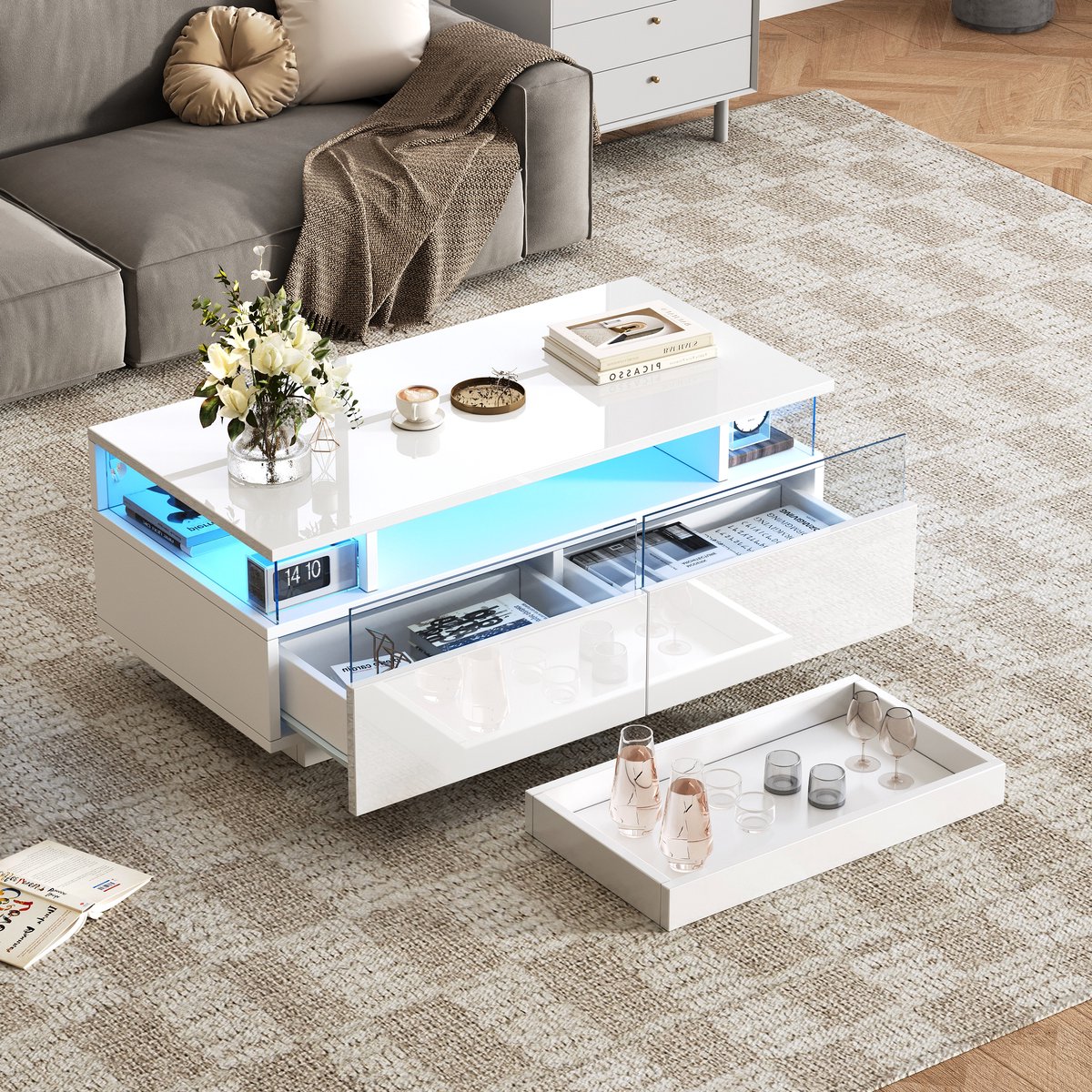 SINGULARITY Salontafel-90 * 45 * 35,5 cm-Met Dienblad-Hoogglans-2 Laden-Glazen Steun-LED Verlichting-Wit