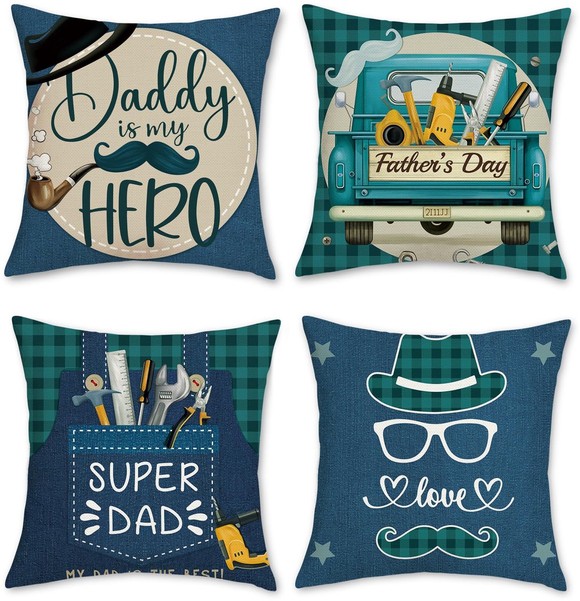 Ibenzoa Decoratieve Kussensloop Set van 4 met Snor en Oldtimer Design voor Vaderdag, Verjaardag en Woonkamer blauw