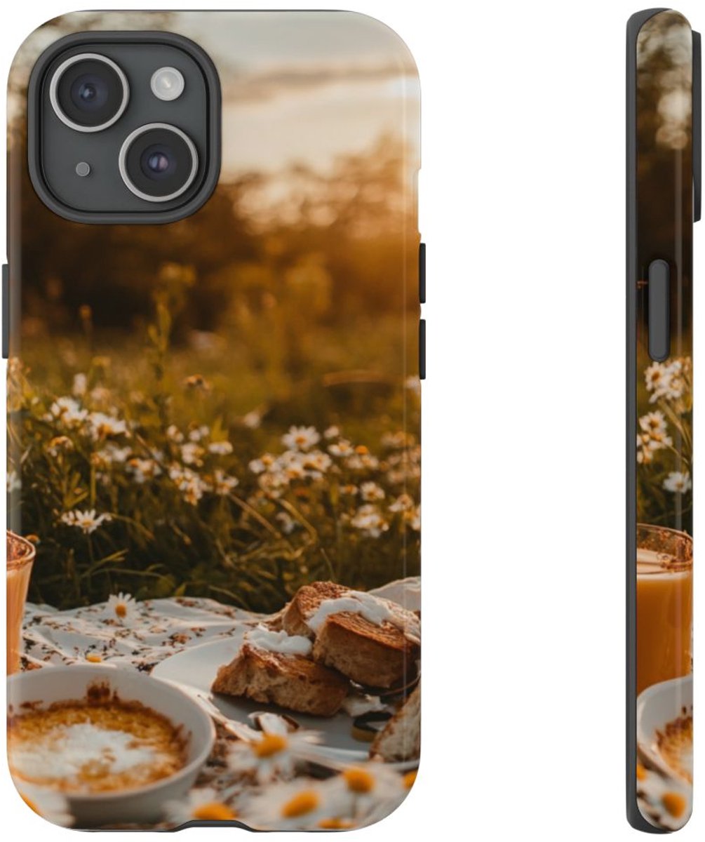 Zonnig Madeliefjesveld Ontbijtscène – Telefoonhoesje Geschikt voor iPhone 15