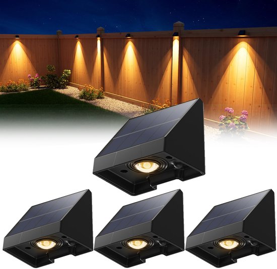 Foto: 4 pack decoratieve solar lampen voor schutting waterdichte led buitenverlichting op zonne energie met warm wit licht voor muur terras tuin hek garage zwembad eenvoudige installatie verhoogde veiligheid