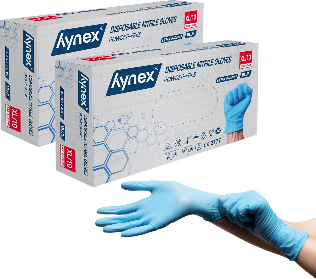 Hynex Nitril Wegwerphandschoenen – Maat XL – Blauw – Set van 2 x 100 Stuks (200 stuks) – 5 Gram – Poedervrij & Latexvrij – Voor Zorg, Horeca & Schoonmaak