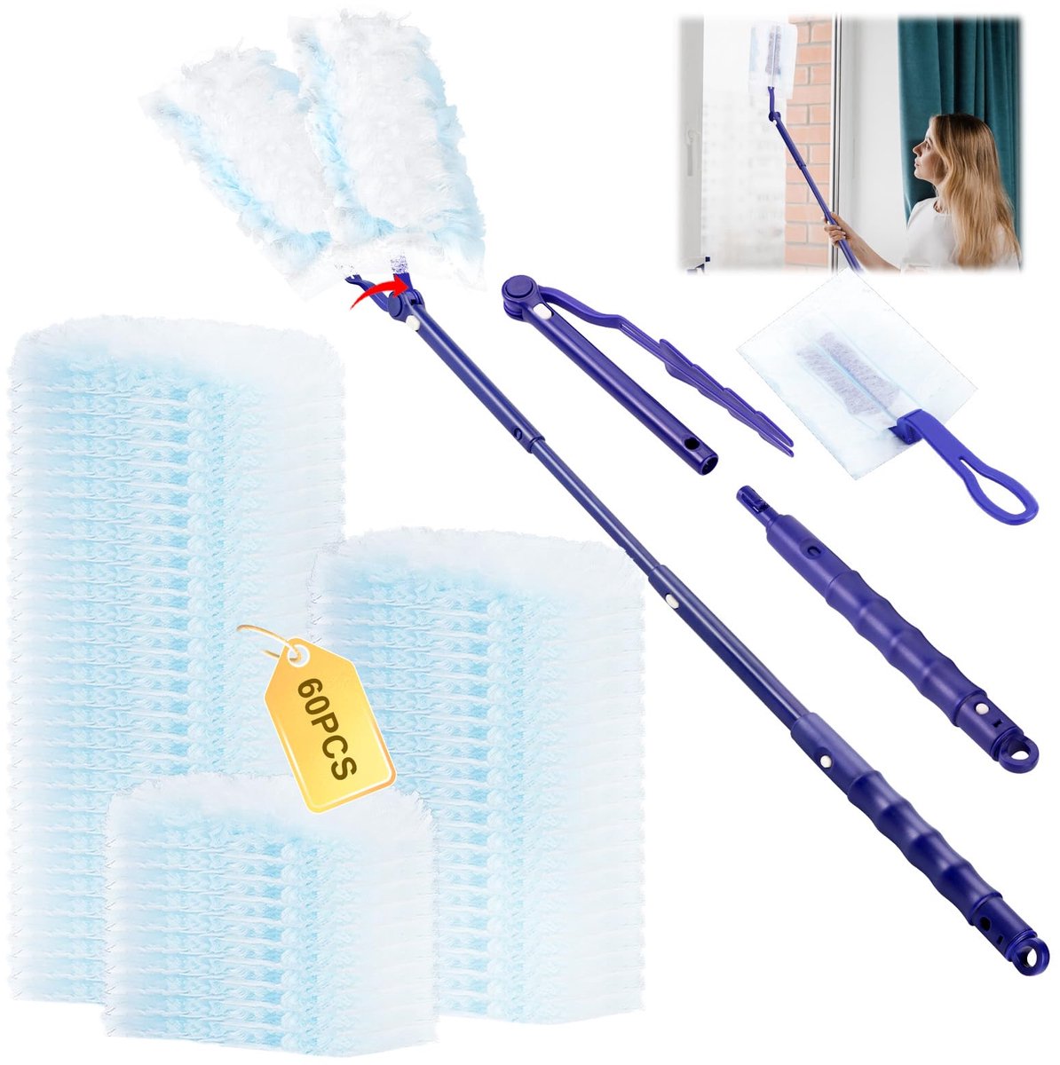 60 stuks voor Swiffer stofmagneet navulverpakking - stoffer voor Swiffer, stoffer navulverpakking voor Swiffer met 1 handvat, 1 telescopische staaf voor dierenhaar stof vuil