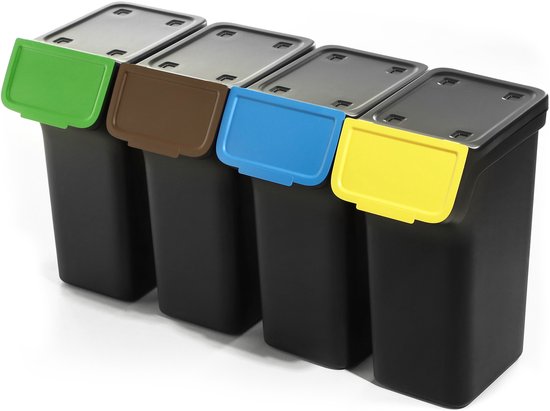 KADAX Afvalbak met deksel, plastic afvalemmer, prullenbak voor afvalscheiding, Rechthoekige afvalcontainer met klepdeksel (Zwart 4x25 L