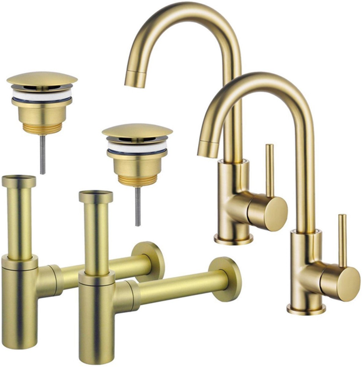 FugaFlow Eccelente Sobrado Badkamer Wastafelkraanset - voor dubbele wastafel - hoge wastafelkraan - draaibare uitloop - always open plug - design sifon - PVD Geborsteld Messing