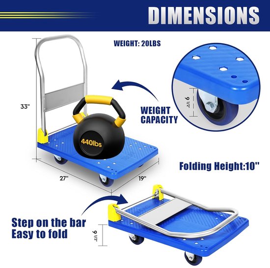YSSOA Platform Truck with 200 kg Weight Capacity and 360 Degree Swivel Wheels, Folding Push Trolley for Loading and Storage, Blue