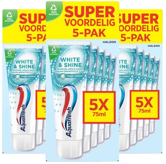 Een voordeelverpakking van 3 Aquafresh White & Shine tandpasta's met "5x 75ml"