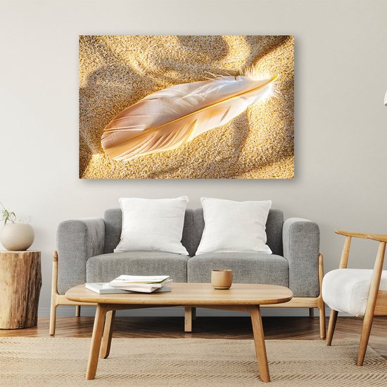 Witte veer op zandstrand - Veer glazen schilderijen - Muurdecoratie glas natuur - Realisme - Acrylglas - Klassieke schilderijen - acrylglas 120x80 cm