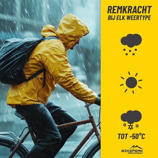 Een man op een fiets in de regen draagt een gele jas. Iconen tonen regen, zon en sneeuw. Tekst: "REMKRACHT BIJ ELK WEERTYPE TOT -50°C".