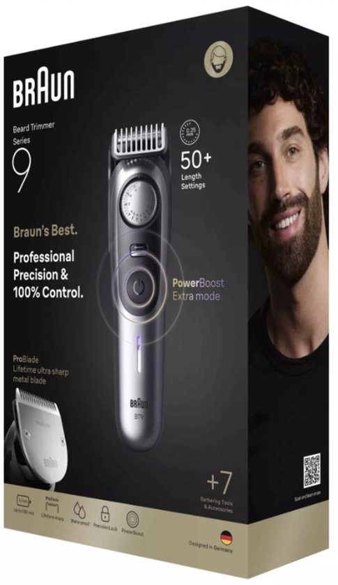 Braun Tondeuse À Barbe Series 9 BT9520 + 7 Outils De Barbier - ProBlade - 52 Longueurs - Chrome