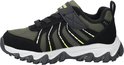 Zwarte Skechers outdoorschoen met groene mesh en gele accenten. "WATERPROOF" opdruk.
