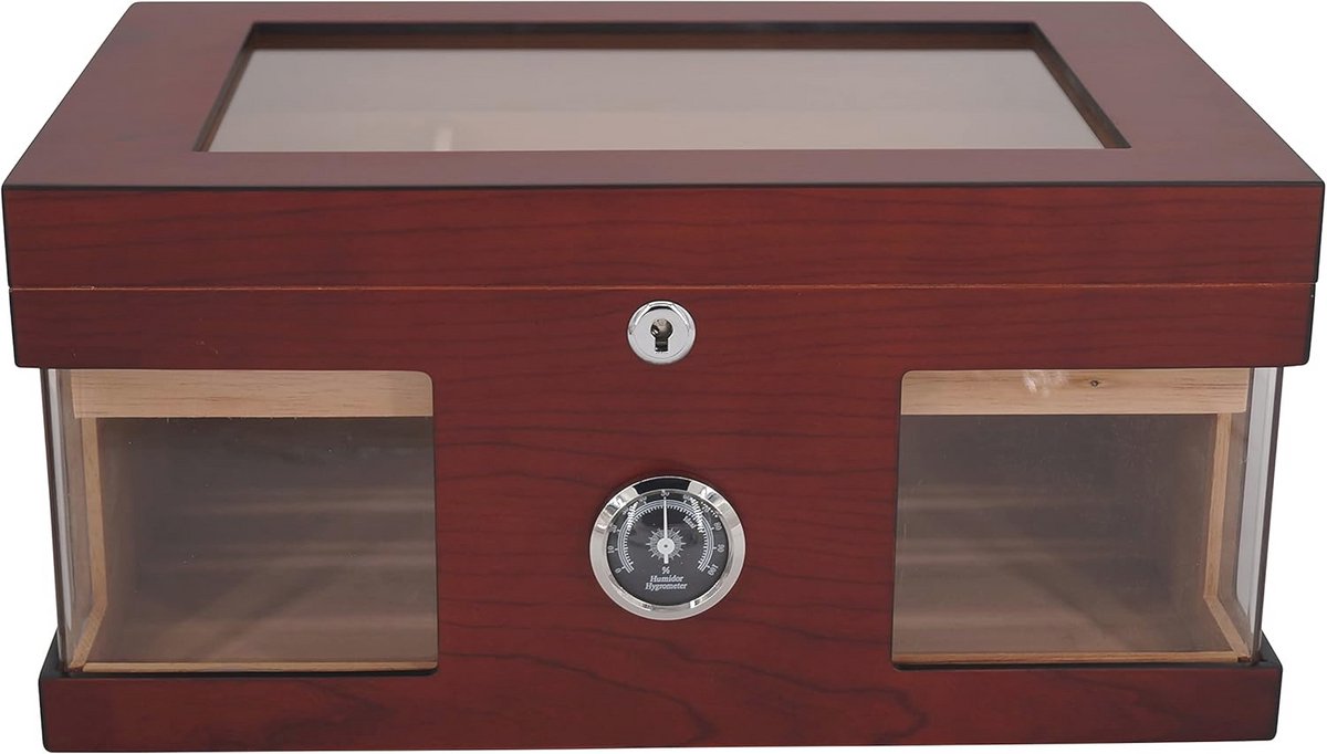 Houten Humidor Kist met Kijkvenster en Hygrometer - Bruin