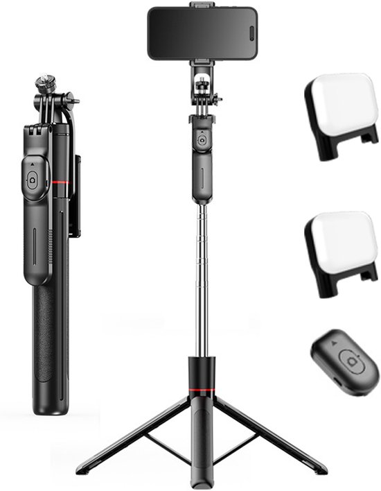 Statief telefoon-tripod smartphone-statief telefoon met lamp-67 inch opvouwbare telescopische Bluetooth selfie stick statief/monopod - met dubbele LED-lamp, afstandsbediening - compatibel met elke telefoon en camera