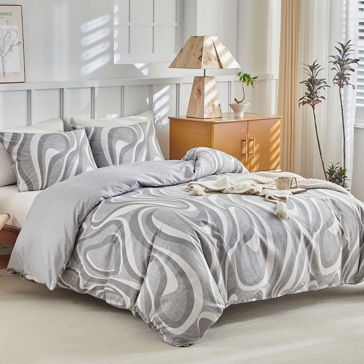 Ibenzoa Beddengoedset - Grijs Geometrisch Patroon, 3-Delig