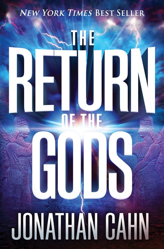 Livre "The Return of the Gods" de Jonathan Cahn, New York Times Best Seller. Avec en arrière-plan deux figures ailées et des éclairs.