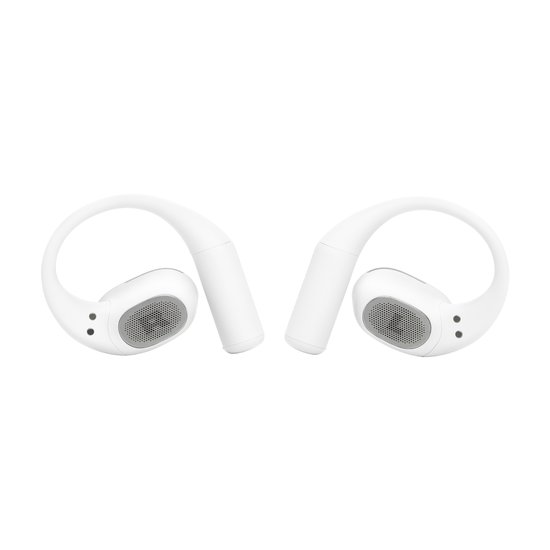 Witte JBL oordopjes met oorhaken en zichtbare speaker grille.
