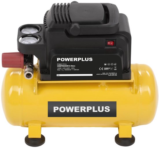 Gele Powerplus compressor met zwarte motor. 750W, 6L tank. Label met specificaties.
