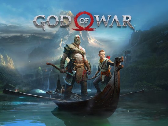 Kratos en Atreus varen in een boot, met op de achtergrond een berglandschap.