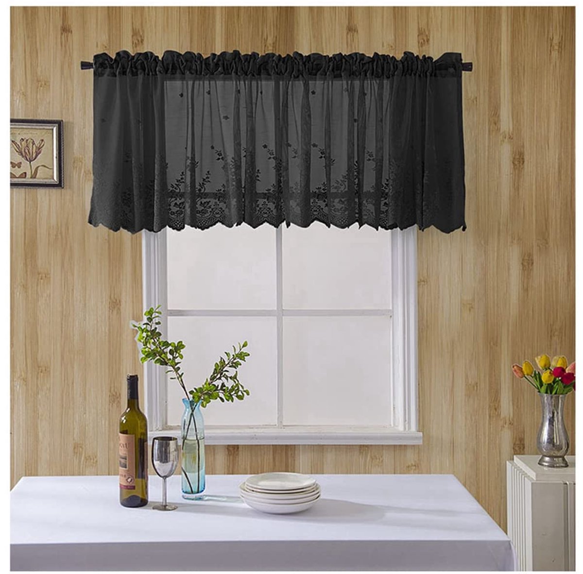 Ibenzoa Korte vintage gordijnen met geborduurd kant voor keuken en slaapkamer Zwart