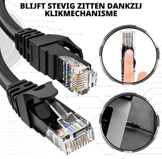 Detailopname zwarte Cat 6 kabel met RJ45 connectoren en demonstratie van klikmechanisme.