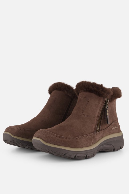 Bruine suède enkellaarsjes met ritssluiting en bontkraag, Skechers logo.