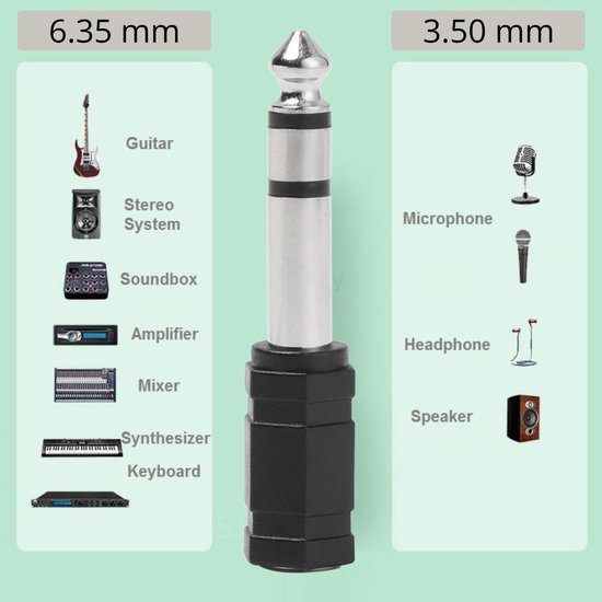 Een 6.35mm naar 3.5mm audio adapter met lijsten van apparaten voor beide formaten, zoals gitaar, mixer, microfoon, koptelefoon.