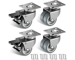 Meubelwielen van 50 mm met veiligheidsrem. Set van 4 heavy-duty wielen (2 met remmen en 2 zonder). Strandstoelwielen met een totaal draagvermogen van 400 kg.