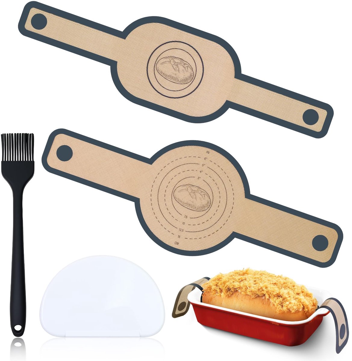 2-pack siliconen broodlus ovaal en rond, herbruikbare siliconen bakmat, hittebestendig, antiaanbaklaag, broodmat voor de oven met lange steel, bakmat voor brood, gemakkelijk schoon te maken