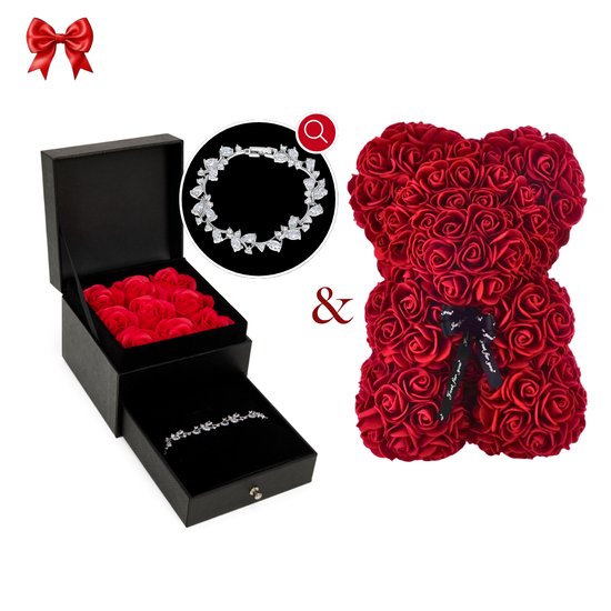 Coffret cadeau Bracelet Juwelium + Flowerbox et Ourson Rose | Bracelet de mariée de Luxe avec zircone | Cadeau Perfect pour femme, petite amie, mère, fille