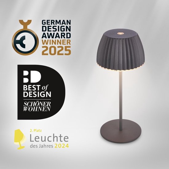 BRILONER Riffle - Mini lampe de table rechargeable - lampe sans fil - intensité variable tactile - pour l'intérieur et l'extérieur - Lauréat du German Design Award 2025 - anthracite - Ø8,5 x 20 cm
