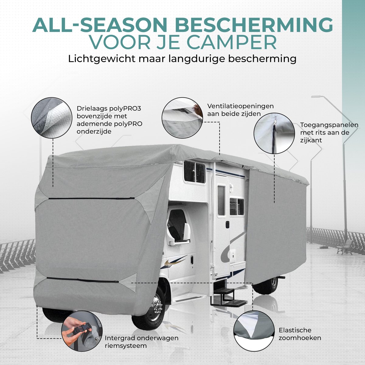 Muntel® Camperhoes - Caravanhoes - Caravan beschermhoezen - Waterdicht - UV-bestendig - 4 Laags - 8,70 x 2,35 x 2,75 M - (170g/m²)