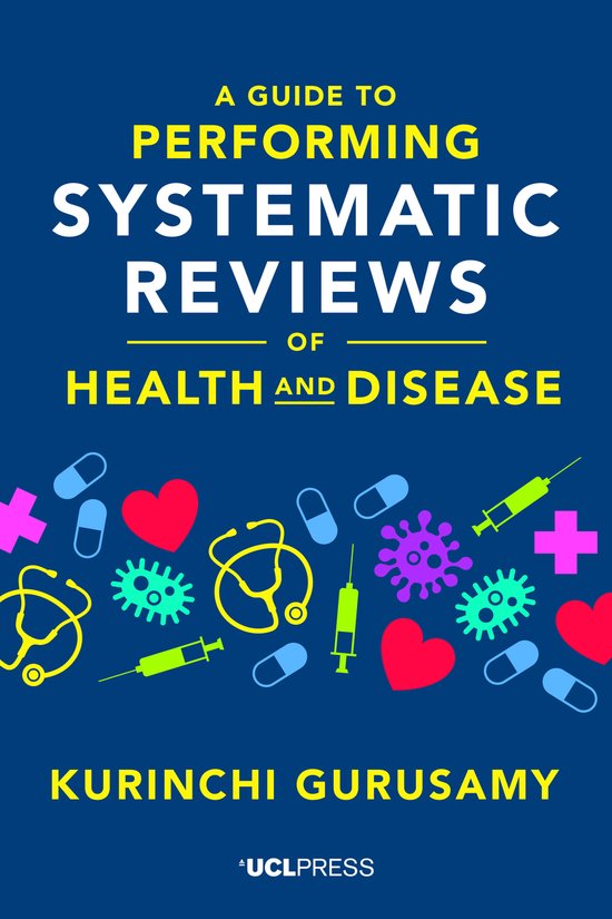 Livre "A GUIDE TO PERFORMING SYSTEMATIC REVIEWS OF HEALTH AND DISEASE" avec des illustrations de symboles médicaux.