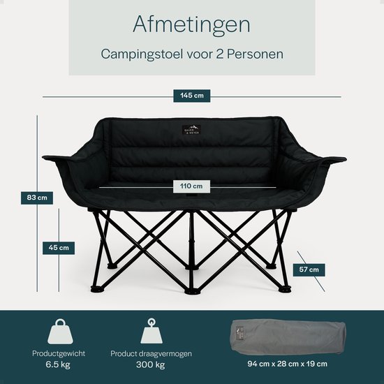 BAUER & MEYER® Campingstoel XL - Kampeerstoel - Opvouwbaar - Visstoel Inklapbaar - 2 Personen - Max. 300 kg - Vouwstoel - Incl. Draagtas - C600 Zwart van Bauer — afbeelding 5