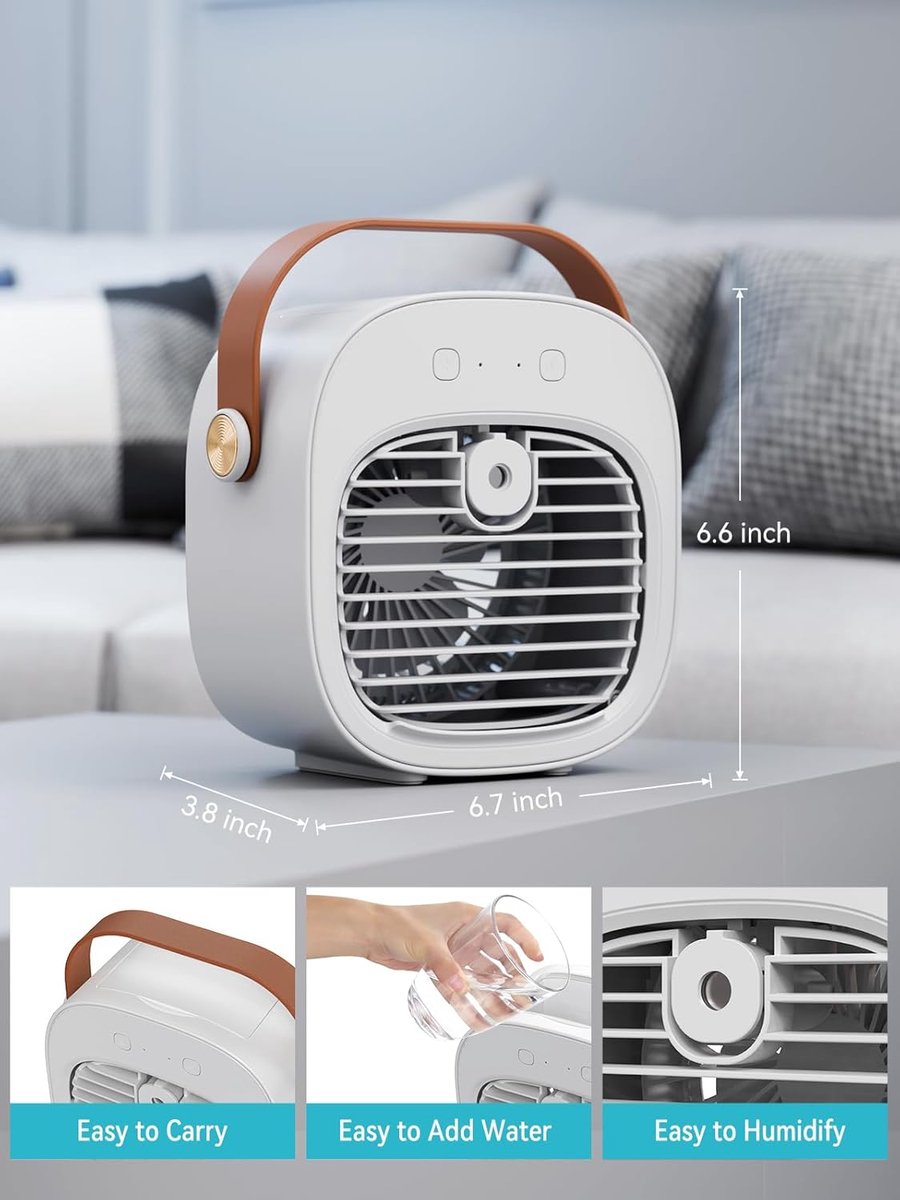 Mini airco-kleine airco-4000mAh oplaadbare persoonlijke luchtkoeler-Mini-airconditioner met 3 snelheden - mini aircooler met water-Stille desktopkoelventilator voor thuis, slaapkamer, reizen, kantoor, buiten en binnen – foto 5