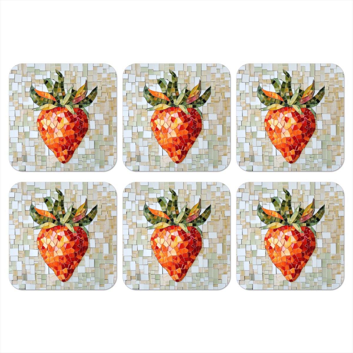 Onderzetters voor glazen - Aardbei - Rood - Mozaïek - Fruit - 10x10 cm - Glasonderzetters - 6 stuks