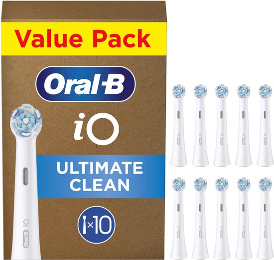 Oral-B iO Ultimate Clean opzetborstels, verpakking van 10 stuks met een witte tandenborstelkop.