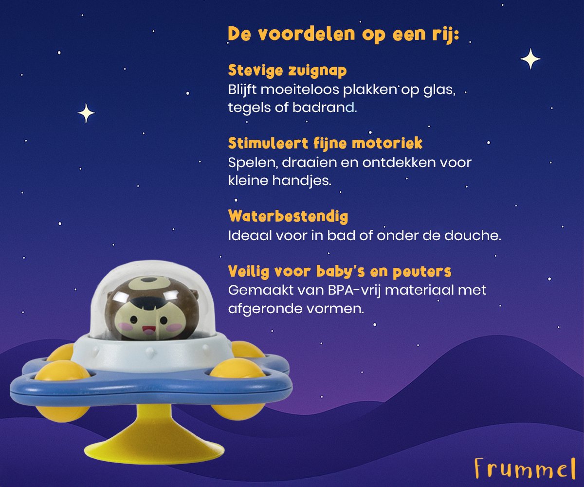 Frummel Fidget Spinners met Zuignap – Bad Speelgoed voor Kind en Peuter – Sensorisch Speelgoed Set van 3 – Ruimtevriendjes – Voor Bad, Tafel of Raam — afbeelding 5