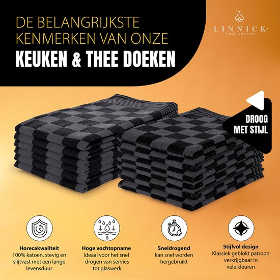 LINNICK Keukendoeken Set Blok Zwart – 50x50 – Set van 10 – Geblokt – Blokdoeken – 100% katoen – Keukendoek – handdoeken