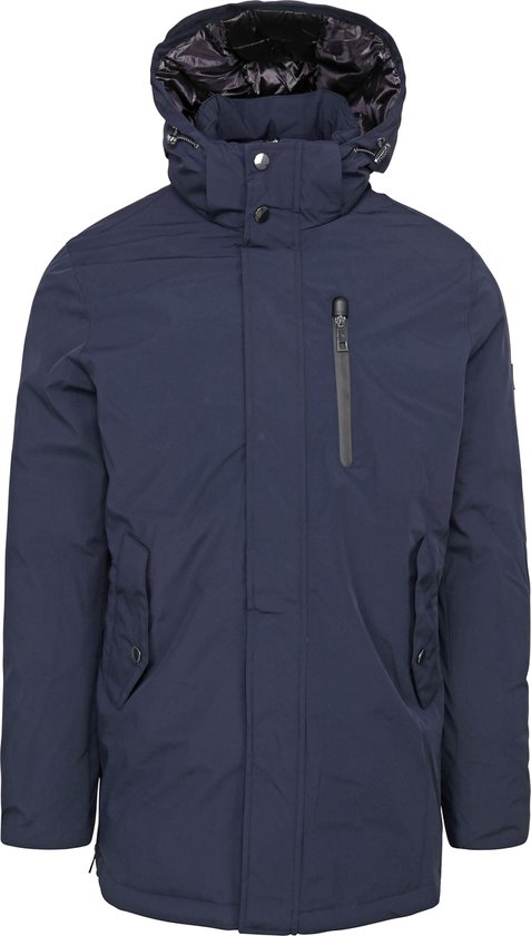Donkerblauwe winterjas met capuchon, ritssluiting en steekzakken.