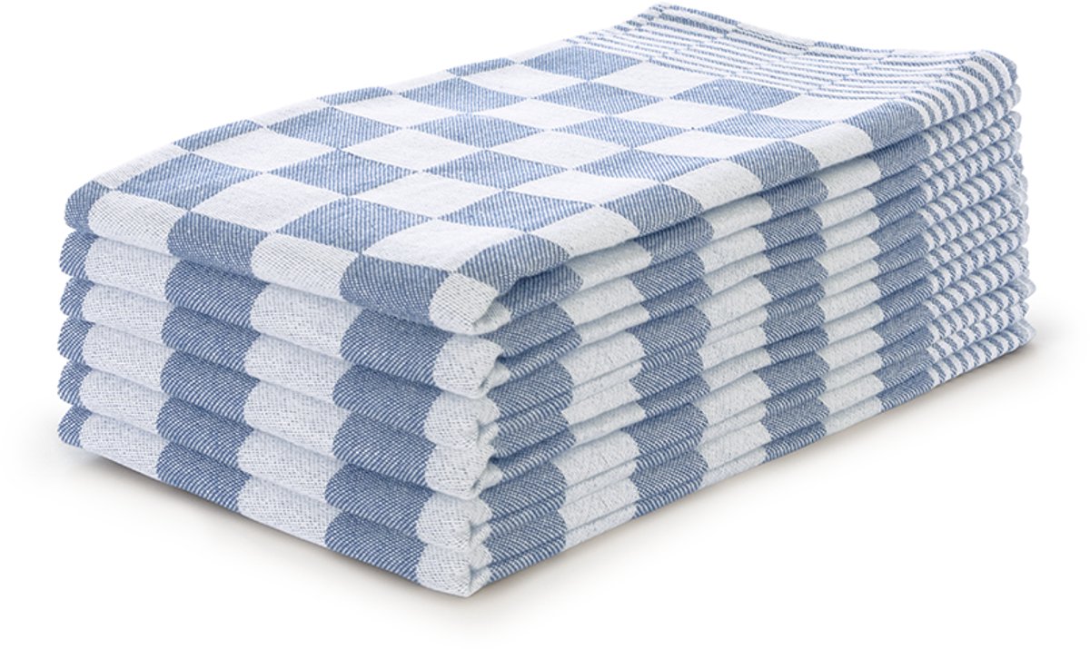LINNICK Theedoeken set Blok Blauw - 65x65 - Set van 6 - Geblokt - Blokdoeken - 100% katoen - Horeca Theedoeken