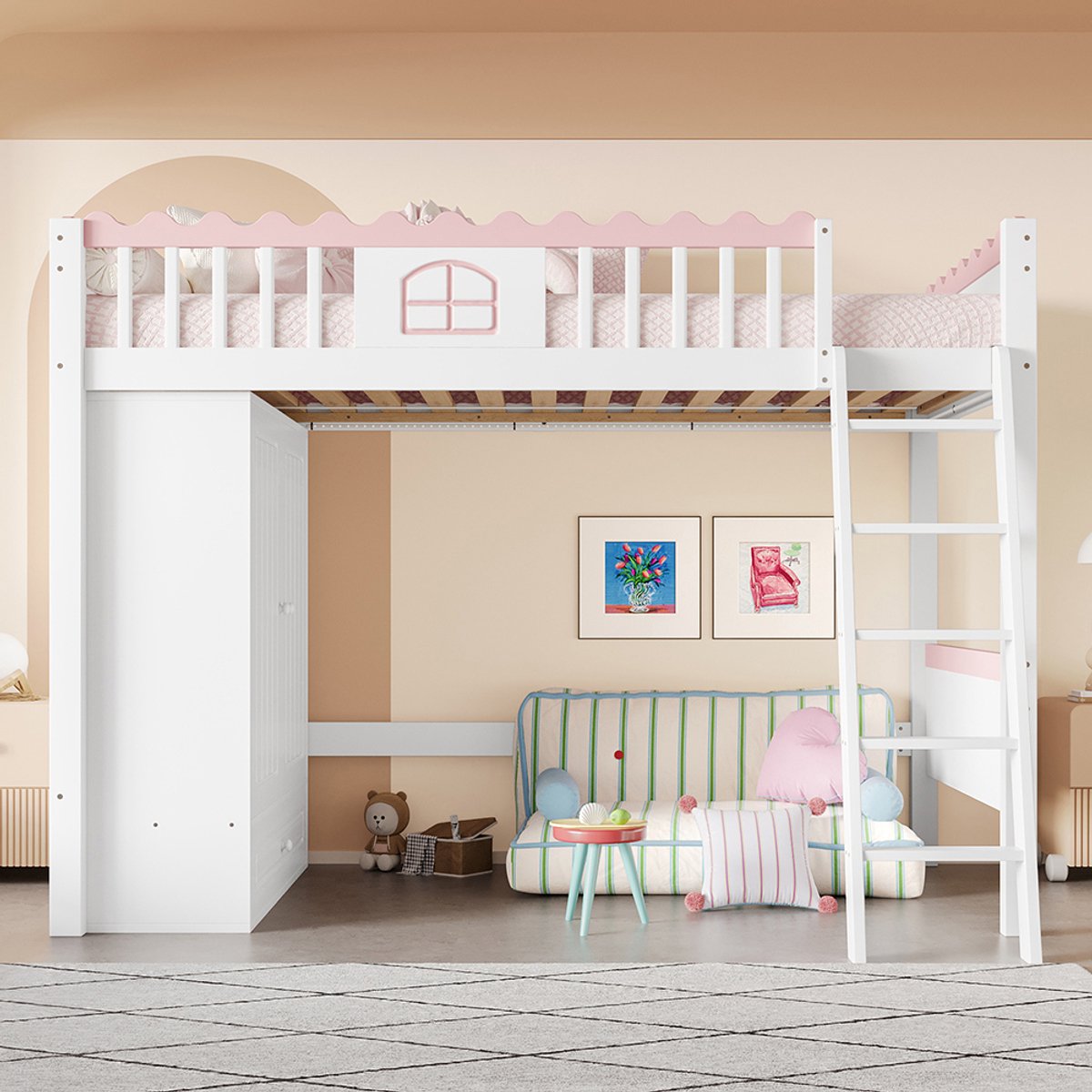 Pugsdrly Stapelbed, eenpersoonsbed (zonder matras), kinderbed, met ledlampen, met kast, met opberglade, EN747-gecertificeerd, grenenhout, 90 x 200 cm, wit