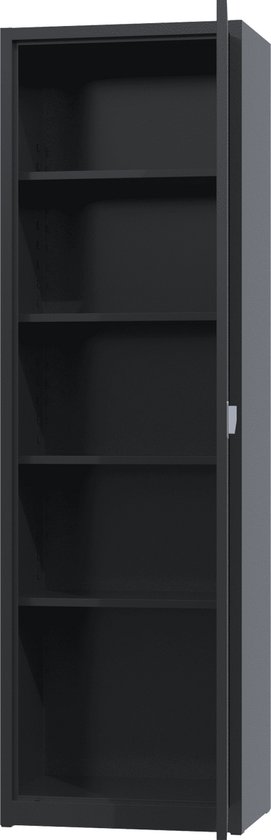 Hoge, smalle, donkergrijze metalen kast met vijf open planken en een deur.