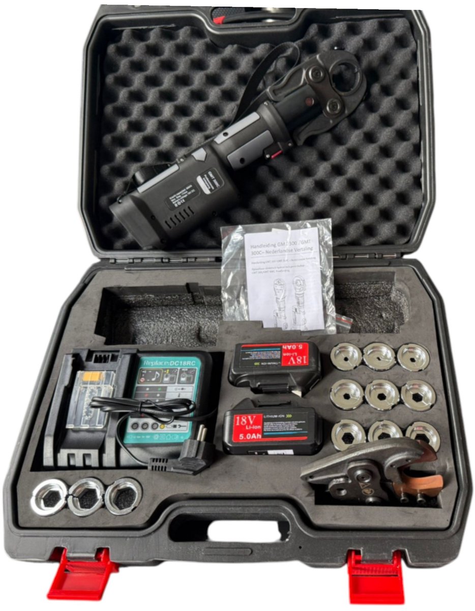 GMT 300C Accu Perstang 12-32mm – Hydraulische Krimptang met 18V 5Ah Accu – Voor waterleiding koppelingen en kabelschoenen– Elektrisch, Draaibare Bek, 60kN Kracht
