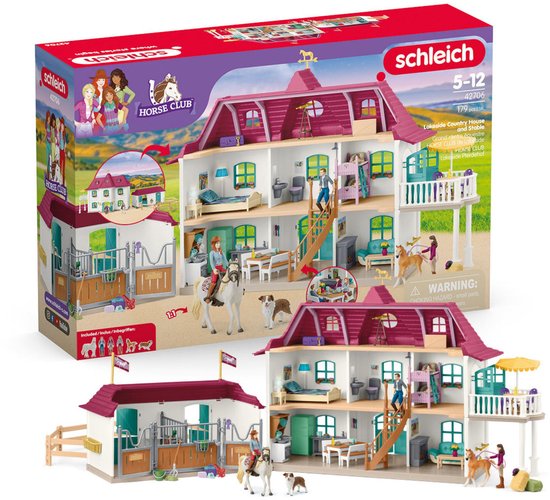 De verpakking van de Schleich HORSE CLUB Lakeside Country House en Stal speelset, met de speelset ernaast.