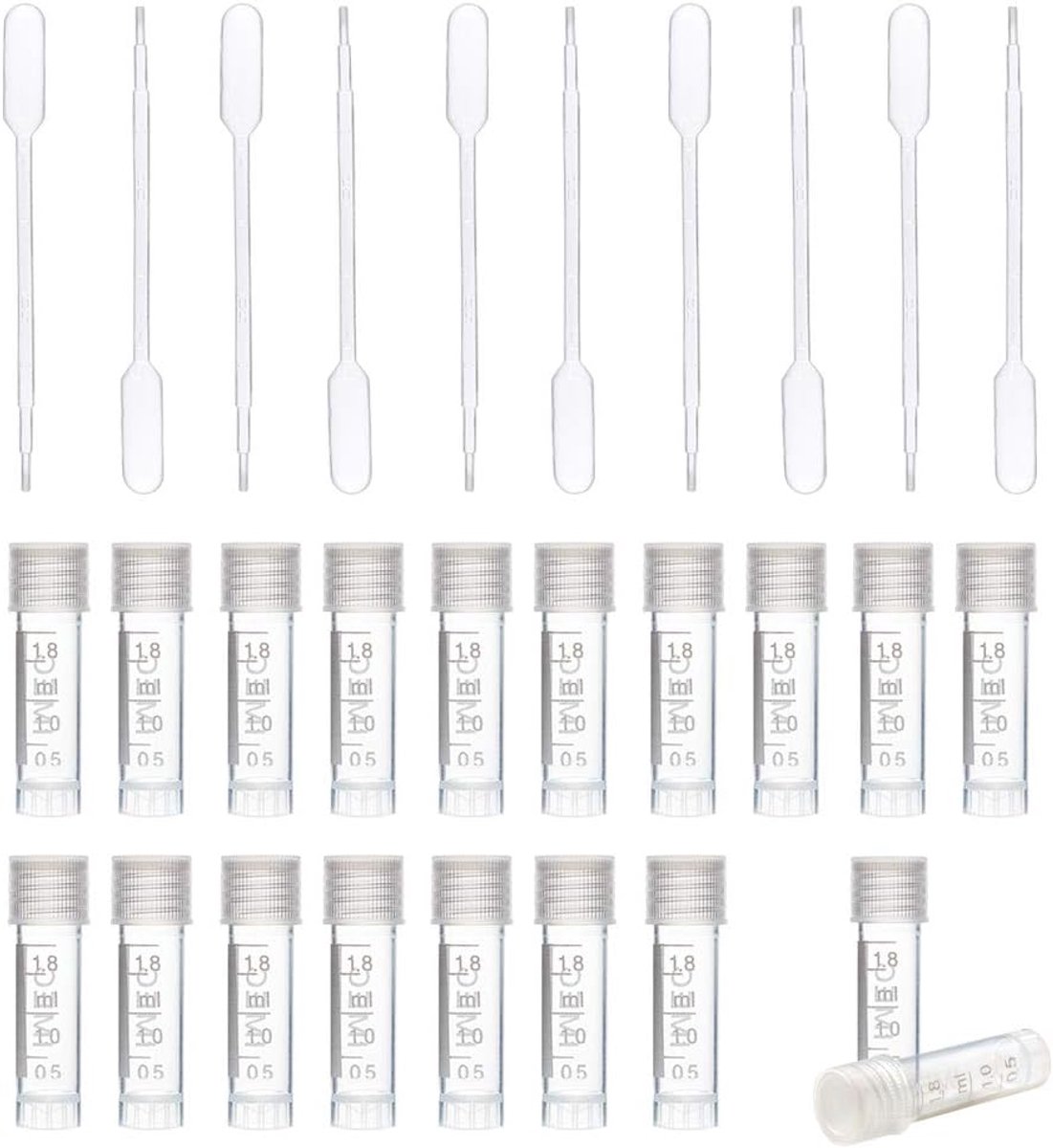 Image of 50 Pack 1ml Plastic Measuring Tubes - Mini Clear Sample Bottles - 10 Piece Plastic Drops voor Essentiële Olie - Chemie Lab - Geuren - Cosmetische Vloeistof