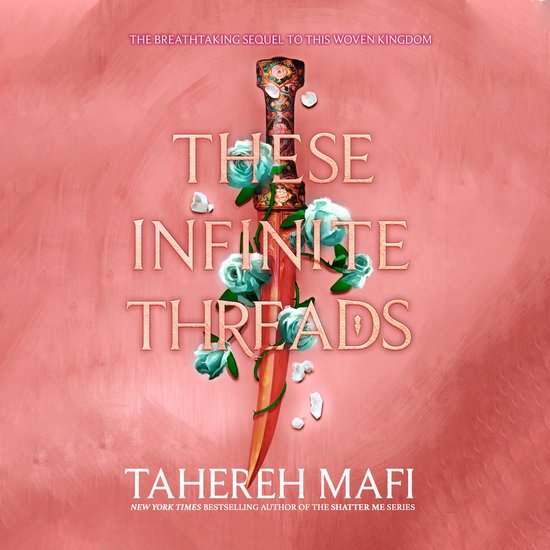 Boekomslag: De titel 'These Infinite Threads' in grote gouden letters, met een versierd mes met bloemen. De achtergrond is roze.