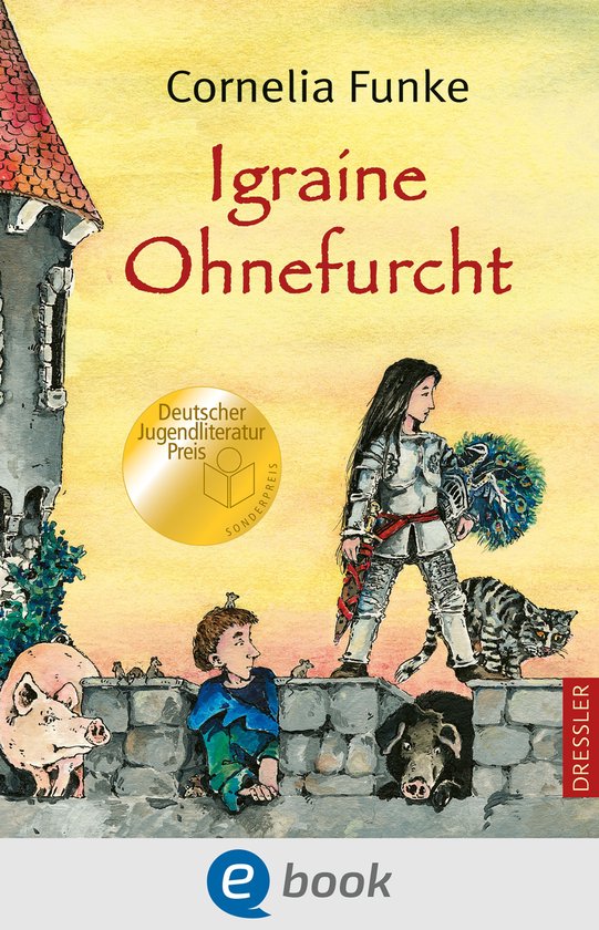 Boekomslag van Igraine Ohnefurcht door Cornelia Funke: een ridderkind met dieren bij een kasteelmuur.